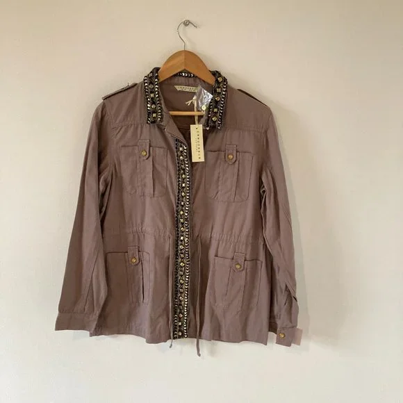 BNWT Innocence Clothing Women Dark Beige Embellished Border long Sleeve Jacket - Picture 1 of 12
